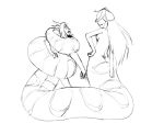  2girls camel_(dansen) coiled female lamia long_hair milia milia_wars monochrome monster_girl multiple_girls restrained topless 