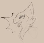  ambiguous_gender angry anthro avian bust_portrait eyebrows fangs feather_hair grey_background hair laefa_padlo line_art open_mouth portrait qualzar scorchen short_hair side_view simple_background sketch solo tongue 