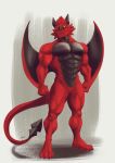  abs anthro black_scales dragon featureless_crotch gryl hair horn male muscular muscular_male nude orange_eyes pecs red_hair red_scales scales scar simple_background solo standing tsbellatre unimpressed wings wyvern 