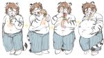  2014 anthro belly belly_fondling belly_overhang beverage blush burger clothing drinking eating eyes_closed feline food hair holding_food holding_object hot_dog ketchup male mammal milkshake navel obese overweight pants raised_shirt sequence shirt simple_background soda solo standing t-shirt tiger vomits_(artist) weight_gain white_background white_tiger 