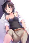  amasora_taichi antenna_hair bangs bare_shoulders bed_sheet black_camisole black_hair breasts brown_shorts camisole collarbone commentary_request covered_nipples dutch_angle eyebrows_visible_through_hair highres idolmaster idolmaster_(classic) jacket kikuchi_makoto knee_up long_hair looking_at_viewer lying on_back open_clothes open_jacket parted_bangs parted_lips purple_eyes short_sleeves shorts small_breasts solo white_jacket 