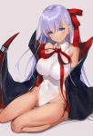  bangs bare_legs bb_(fate)_(all) bb_(swimsuit_mooncancer)_(fate) blush bow bowtie breasts cape fate/grand_order fate_(series) gloves hair_ribbon large_breasts leotard long_hair looking_at_viewer purple_eyes purple_hair ribbon seiza simple_background sitting smile solo tan white_gloves white_leotard yumaomi 