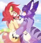  &lt;3 4_fingers anthro apes beach big_butt blush breasts butt butt_bump butt_grab claws cute duo female female/female fur hair hand_on_butt hi_res huge_butt kemono looking_at_viewer nude purple_fur seaside side_boob smile tsukiyo water wide_hips yellow_eyes yellow_fur 