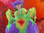  1girl black_sclera brachydios camel_(dansen) female gaping looking_at_viewer messy monster_girl monster_hunter open_mouth personification red_eyes slime solo tongue tongue_out 