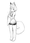  ahoge animal_ear_fluff animal_ears bangs barefoot bike_shorts blunt_bangs fox_ears fox_girl_(jaco) fox_tail full_body greyscale holding_own_tail jaco looking_at_viewer monochrome off_shoulder original shirt short_hair_with_long_locks sidelocks simple_background solo standing tail thick_eyebrows white_background 