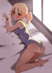  ass backlighting bad_id bad_pixiv_id bangs bare_arms bare_legs bare_shoulders barefoot bed_sheet bedroom blonde_hair blue_swimsuit blush breasts casual_one-piece_swimsuit closed_mouth commentary_request dutch_angle eyebrows_visible_through_hair from_above full_body hair_between_eyes highres indoors looking_at_viewer looking_to_the_side lying medium_breasts meng_ge_3_(565571710) on_bed on_stomach one-piece_swimsuit original red_eyes side_ponytail sidelocks solo sunlight swimsuit window 