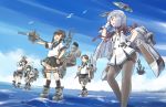  anchor bangs bird black_eyes black_hair black_legwear black_sailor_collar black_skirt blue_sailor_collar blue_skirt blue_sky blunt_bangs brown_eyes brown_hair cannon closed_eyes cloud commentary day fubuki_(kantai_collection) full_body hair_ribbon hatsuyuki_(kantai_collection) highres kantai_collection karasu_(naoshow357) kneehighs long_hair low_ponytail low_twintails machinery miyuki_(kantai_collection) multiple_girls murakumo_(kantai_collection) necktie odd_one_out orange_eyes outdoors pantyhose pleated_skirt ponytail red_neckwear remodel_(kantai_collection) ribbon sailor_collar school_uniform serafuku shirayuki_(kantai_collection) short_eyebrows short_hair short_ponytail sidelocks silver_hair skirt sky smile standing standing_on_liquid stretch thighband_pantyhose tress_ribbon turret twintails 