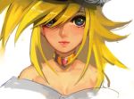  bangs bare_shoulders big_hair blonde_hair blue_eyes blush breasts cleavage closed_mouth collarbone commentary dark_magician_girl duel_monster eyelashes fishfall gem gold_trim hair_over_one_eye hat jewelry lips long_hair looking_at_viewer neck_ring simple_background solo spiked_hair swept_bangs upper_body white_background wizard_hat yuu-gi-ou yuu-gi-ou_duel_monsters 