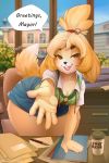  1girl bent_over blonde_hair breasts brown_eyes cleavage collarbone desk dog_girl dog_tail doubutsu_no_mori furry indoors iskra long_hair medium_breasts shizue_(doubutsu_no_mori) skirt solo tail thick_thighs thighs tied_hair 