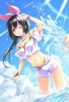  ;d amahane_tobari cloud crop_top day fushigi_na_yume_no_umi_no_tobari hair_ribbon jewelry long_hair navel necklace off-shoulder_shirt official_art one_eye_closed open_mouth out_of_frame outdoors ponytail purple_eyes red_ribbon ribbon shirt short_sleeves shorts sky smile solo_focus sparkle splashing standing sunlight takana_(srplus) very_long_hair water white_shirt white_shorts 