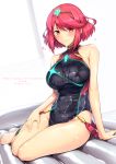  bangs bare_shoulders black_swimsuit blush breasts closed_mouth commentary_request covered_navel earrings harukon_(halcon) heart highleg highleg_swimsuit highres hips homura_(xenoblade_2) jewelry large_breasts looking_at_viewer one-piece_swimsuit red_eyes red_hair short_hair sidelocks simple_background sitting smile solo swept_bangs swimsuit thighs tiara wet white_background xenoblade_(series) xenoblade_2 