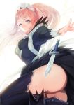  ass blue_eyes closed_mouth commentary_request dagger felicia_(fire_emblem_if) fire_emblem fire_emblem_if highres juliet_sleeves kokouno_oyazi long_hair long_sleeves maid maid_headdress panties pink_hair ponytail puffy_sleeves simple_background solo underwear weapon white_background 