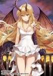  arm_support blonde_hair breasts brown_eyes burnt_clothes choker cityscape cleavage closed_mouth copyright_request dragon_tail dragon_wings dress eyebrows_visible_through_hair horns ice_(ice_aptx) korean leaning_on_rail legs_together long_hair looking_at_viewer medium_breasts official_art railing scales slit_pupils smile solo standing strap_slip tail thigh_gap thighs torn_clothes twilight very_long_hair watermark white_dress wings yellow_sky 