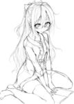  ahoge arms_between_legs bow copyright_request glasses greyscale hair_bow long_hair long_sleeves looking_at_viewer mokufuu monochrome sitting sleeves_folded_up solo thighhighs wariza 
