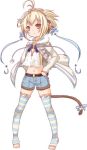  ahoge andira_(granblue_fantasy) animal_ears bell blonde_hair blue_bow blue_ribbon blue_shorts blush bow closed_mouth commentary_request full_body fur-trimmed_jacket fur-trimmed_shorts fur_trim granblue_fantasy hair_ribbon hands_on_hips head_tilt hono jacket jingle_bell long_sleeves monkey_ears monkey_girl monkey_tail navel open_clothes open_jacket pigeon-toed red_eyes ribbon short_hair short_shorts shorts simple_background sleeves_past_wrists solo standing striped striped_legwear tail tail_bell tail_bow thighhighs tiara toeless_legwear two_side_up white_background white_jacket 