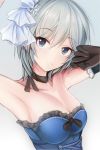  anastasia_(idolmaster) armpits black_gloves black_ribbon blue_eyes breasts choker cleavage collarbone commentary_request cross-laced_clothes elbow_gloves eyebrows_visible_through_hair gloves grey_background hair_between_eyes hair_ornament head_tilt idolmaster idolmaster_cinderella_girls medium_breasts nannacy7 ribbon ribbon_choker short_hair silver_hair simple_background smile solo strapless upper_body 