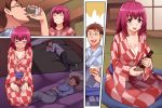  1girl alcohol bed blush bottle breasts brown_eyes brown_hair cleavage closed_mouth cup drinking drinking_glass eyes_closed floor futon glasses half-closed_eyes hands_on_own_thighs happy highres holding hoshizora_ikuyo husband_and_wife indoors japanese_clothes jewelry kneeling large_breasts looking_at_viewer lying milf obi open_mouth pillow pink_hair precure purple_eyes ring sake sake_bottle sash sequential short_hair shrine_(artist) sitting smile smile_precure! tatami wariza wedding_ring wide_sleeves 