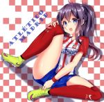  :d aikawa_fuuri blue_eyes blue_shorts checkered checkered_background club_atletico_de_madrid la_liga looking_at_viewer mokufuu open_mouth original red_legwear red_shirt shirt shoes shorts smile soccer soccer_uniform solo spain sportswear spread_legs t-shirt thighhighs white_background yellow_footwear 