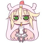  :3 bangs black_legwear blonde_hair blush_stickers brown_jacket chibi chicken_costume closed_mouth commentary_request cosplay cup disposable_cup drinking_glass drinking_straw eyebrows_visible_through_hair full_body green_eyes hair_between_eyes himouto!_umaru-chan holding holding_cup hono hood hood_up jacket komaru komaru_(cosplay) long_hair long_sleeves lowres no_shoes official_art pantyhose skirt sleeves_past_wrists solo sora_(suguri) standing suguri transparent_background very_long_hair white_skirt 