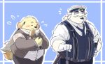  2018 6xiachunqiu7 anthro bear belly blush canine clothing cusith dog duo eyes_closed eyewear fur glasses hat male mammal overweight overweight_male pants polar_bear rave_(housamo) scarf shirt white_fur 