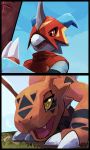  ambiguous_gender blitzdrachin cropped digimon feral flamedramon guilmon half-closed_eyes internal open_mouth painting reptile scalie suggestive yellow_eyes 