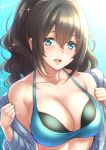  bangs bare_shoulders black_hair blue_background blue_bikini_top blue_eyes blue_jacket blush breasts cleavage collarbone commentary_request gradient gradient_background hair_between_eyes highres idolmaster idolmaster_cinderella_girls jacket large_breasts long_hair looking_at_viewer off_shoulder open_clothes open_jacket open_mouth ponytail sagisawa_fumika shouji_nigou smile solo sparkle 