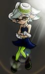  artist_name bare_shoulders black_outline commentary crossed_arms dark_background dress earrings english_commentary expressionless full_body gloves green_legwear grey_background half-closed_eyes highres hotaru_(splatoon) instagram_username jewelry lens_flare light light_rays pantyhose pointy_ears solo splatoon_(series) tentacle_hair thegrandstar watermark white_gloves white_hair white_neckwear yellow_eyes 