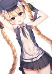  arms_behind_head arms_up blonde_hair braid commentary dutch_angle flat_chest girls_frontline hair_ornament hat highres jacket long_hair looking_at_viewer mk82_(hoonsyh) navel necktie open_clothes open_shirt petite purple_eyes simple_background solo sr-3mp_(girls_frontline) twin_braids very_long_hair white_background 