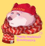  2018 anthro bear blush english_text fur hat jambavan male mammal pink_fur scarf simple_background solo star_parlor text tokyo_afterschool_summoners yellow_background 
