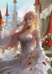  angelia bare_shoulders bird blonde_hair blue_sky bracelet breasts castle cleavage cloud day detached_sleeves dress gold_trim hand_up jewelry long_hair medium_breasts outdoors petals sdorica_-sunset- sky solo standing tiara user_ucye4228 very_long_hair white_dress yellow_eyes 