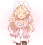  :3 ^_^ ahoge animal_hat arms_behind_back bangs black_legwear blonde_hair blush cardigan cat_hat closed_eyes collarbone cowboy_shot dress facing_viewer hair_flaps hat kuro_(kuroneko_no_kanzume) long_hair long_sleeves neck_ribbon open_mouth original pantyhose pink_cardigan ribbon smile solo u_u uwu white_dress white_neckwear 