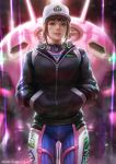  bodysuit brown_eyes brown_hair commentary cowboy_shot d.va_(overwatch) dcwj dirty_face english_commentary hands_in_pockets hat highres lips long_sleeves looking_at_viewer mecha nose overwatch parted_lips plugsuit shooting_star_d.va solo teeth watermark web_address 