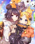  &gt;_o abigail_williams_(fate/grand_order) absurdres animal anniversary bad_id bad_pixiv_id balloon bangs black_bow black_hat black_jacket blonde_hair blue_eyes blue_sky blush bow closed_mouth cloud copyright_name day fate/grand_order fate_(series) fingernails fou_(fate/grand_order) grey_hoodie hair_bow hand_on_another's_shoulder hand_up hat heart heroic_spirit_traveling_outfit hi_(wshw5728) highres hood hood_down hoodie jacket katsushika_hokusai_(fate/grand_order) long_hair long_sleeves looking_at_viewer medjed multiple_girls object_hug octopus one_eye_closed orange_bow outdoors parted_bangs parted_lips polka_dot polka_dot_bow purple_hair rainbow sky sleeves_past_fingers sleeves_past_wrists smile stuffed_animal stuffed_toy teddy_bear tokitarou_(fate/grand_order) v 