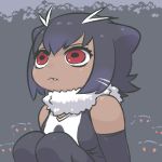  :&lt; bare_shoulders black_hair commentary dark_skin elbow_gloves fang fang_out fur_collar giant_otter_(kemono_friends)_(kuro_(kurojill)) gloves kemono_friends kuro_(kurojill) looking_away looking_up original red_eyes short_hair solo 