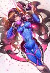  1girl andres_blanco animal_print bangs blue_bodysuit bodysuit breasts bubble_blowing bunny_print chewing_gum commentary d.va_(overwatch) english_commentary facepaint gun handgun headphones high_collar highres holding holding_gun holding_weapon long_hair medium_breasts nose overwatch pilot_suit pink_lips pistol ribbed_bodysuit shoulder_pads skin_tight solo swept_bangs thigh_gap very_long_hair weapon whisker_markings 
