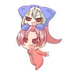  :d animal_ears animal_hood bangs blush brown_eyes cat_ears cat_hood chibi commentary_request eyebrows_visible_through_hair green_hair hair_between_eyes hono hood hood_up long_hair long_sleeves lowres mimyuu_(qp_shooting) multiple_girls official_art on_head open_mouth parted_bangs ponytail qp_shooting red_eyes red_hair red_jumpsuit simple_background sleeves_past_fingers sleeves_past_wrists smile tomato_(qp_shooting) v-shaped_eyebrows white_background 