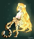  anthro blush breasts cheetah feline female glowing hair hazelkisses long_hair mammal nipples sitting smile solo spots 