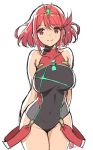  arms_behind_back bare_shoulders brown_eyes collarbone commentary_request covered_navel homura_(xenoblade_2) looking_at_viewer red_hair saitou_masatsugu short_hair signature simple_background smile solo swimsuit tiara white_background xenoblade_(series) xenoblade_2 