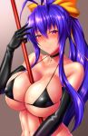  bangs bare_shoulders between_breasts black_bikini_top black_choker black_gloves blazblue blazblue:_central_fiction blue_hair blush bow breasts choker closed_mouth collarbone covered_nipples elbow_gloves furrowed_eyebrows genderswap genderswap_(mtf) gloves hair_between_eyes hair_bow halter_top halterneck long_hair mai_natsume micro_bikini_top pink_eyes polearm ponytail shiboru smile solo upper_body very_long_hair weapon yellow_bow 