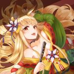  7eddy :d animal_ear_fluff animal_ears arm_up bangs bare_shoulders blonde_hair breasts choker cleavage commentary_request eyebrows_visible_through_hair fan flower fox_ears fox_girl gold_trim hair_flower hair_ornament hair_spread_out hair_stick izumi_(sdorica_-sunset-) japanese_clothes kimono long_hair looking_at_viewer open_mouth paper_fan red_eyes sdorica_-sunset- smile solo upper_body whisker_markings wide_sleeves 