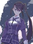  black_hair brown_eyes gloves kantai_collection long_hair looking_at_viewer military military_uniform nachi_(kantai_collection) night outdoors remodel_(kantai_collection) side_ponytail smile solo tanaka_io_(craftstudio) uniform upper_body very_long_hair white_gloves 