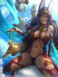  armor bangs bare_shoulders bikini_armor blue_eyes breasts bridal_gauntlets cameltoe cleavage cloud commentary dark_skin egyptian egyptian_clothes elbow_gloves english_commentary fate/grand_order fate_(series) forehead_jewel gloves gold_trim head_chain lantern large_breasts limgae long_hair looking_at_viewer navel parted_bangs purple_gloves purple_hair queen_of_sheba_(fate/grand_order) revealing_clothes showgirl_skirt sitting smoke solo thighhighs 