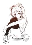  animal_hood ass black_legwear blush cat_hood cat_slippers cat_tail copyright_request eyebrows_visible_through_hair heart hood knees_up legs_together long_sleeves looking_at_viewer mokufuu monochrome simple_background sitting skirt slippers smile solo tail thighhighs white_background 