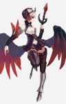  alternate_color armor armored_boots armored_dress bare_shoulders black_armor black_wings boots choker crown dress feathered_wings feathers full_body greaves grey_background gwendolyn head_wings highres looking_at_viewer low_wings odin_sphere pleated_dress polearm red_eyes red_wings short_hair solo spear standing standing_on_one_leg strapless strapless_dress thigh_boots thighhighs valkyrie virgosdf weapon white_hair wings zettai_ryouiki 