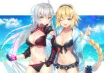  ;d ahoge anger_vein bikini black_bikini black_choker black_gloves black_jacket blonde_hair blue_eyes blue_jacket blue_scrunchie blue_sky braid breasts brown_eyes choker cleavage cloud collarbone commentary_request cowboy_shot day fate/grand_order fate_(series) fingernails front-tie_bikini front-tie_top gloves hair_ornament hair_scrunchie hands_up hood hood_down hooded_jacket horizon jacket jeanne_d'arc_(alter_swimsuit_berserker) jeanne_d'arc_(fate)_(all) jeanne_d'arc_(swimsuit_archer) kagachi_saku large_breasts locked_arms long_hair long_sleeves multiple_girls o-ring o-ring_bikini o-ring_bottom o-ring_top ocean one_eye_closed open_clothes open_jacket open_mouth parted_lips scrunchie shrug_(clothing) silver_hair single_braid sky sleeves_past_wrists smile swimsuit v v-shaped_eyebrows very_long_hair water 