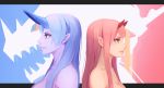  back-to-back bangs blue_eyes blue_hair blue_horns breasts closed_mouth darling_in_the_franxx dragon_girl dragon_horns elatius_the_anchorwielder fang green_eyes highres horns large_breasts lips long_hair medium_breasts multiple_girls nude oni_horns original pink_hair red_horns smile straight_hair upper_body virgosdf zero_two_(darling_in_the_franxx) 