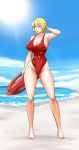  1girl baywatch beach blonde_hair boogeyboard breasts devil-v huge_breasts lifeguard swimsuit 