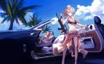  assault_rifle bikini bikini_top black_bikini blonde_hair blue_eyes blue_sky braid breasts car car_interior cleavage cloud commentary cup day eyewear_on_head flower g36 g36_(girls_frontline) girls_frontline ground_vehicle gun hair_flower hair_ornament highres koh_(minagi_kou) long_hair looking_at_another medium_breasts motor_vehicle multiple_girls open_clothes open_door open_shirt outdoors palm_tree ponytail rifle rolls-royce sarong short_hair sitting sky standing sunglasses swimsuit tree weapon welrod_mk2_(girls_frontline) 