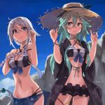  adapted_costume bangs bikini black_bikini black_ribbon black_robe blue_eyes blue_sarong blue_sky braid breasts cloud day floral_print frilled_bikini_bottom front-tie_top green_eyes green_hair hair_between_eyes hair_ornament hair_ribbon hair_tie hairclip hat kantai_collection long_hair looking_at_viewer medium_breasts mole mole_under_eye multiple_girls outdoors parted_bangs ponytail ribbon robe rock sarong sidelocks silver_hair single_braid sky standing straw_hat sugue_tettou sun_hat swimsuit umikaze_(kantai_collection) very_long_hair yamakaze_(kantai_collection) 