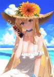  absurdres beach blue_eyes blue_sky blurry blurry_background breasts choker cleavage cloud coca-cola collarbone commentary_request day depth_of_field dress flower halterneck hat hat_flower highres huge_breasts long_hair mr_cloud off-shoulder_dress off_shoulder original outdoors ribbon sidelocks sky smile solo sun_hat sundress very_long_hair white_dress wrist_ribbon 
